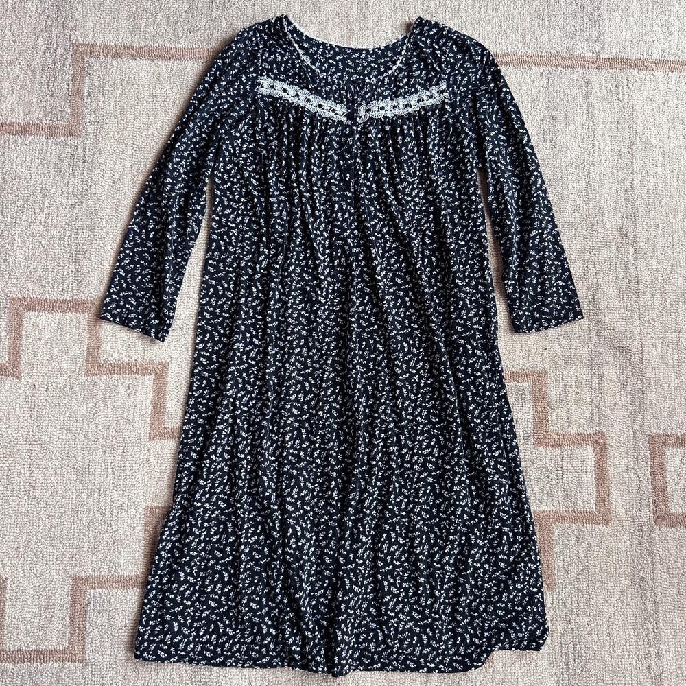 Floral Cotton Nightgown Dress Black Lace Prairie Romantic Cottagecore Midi M L
